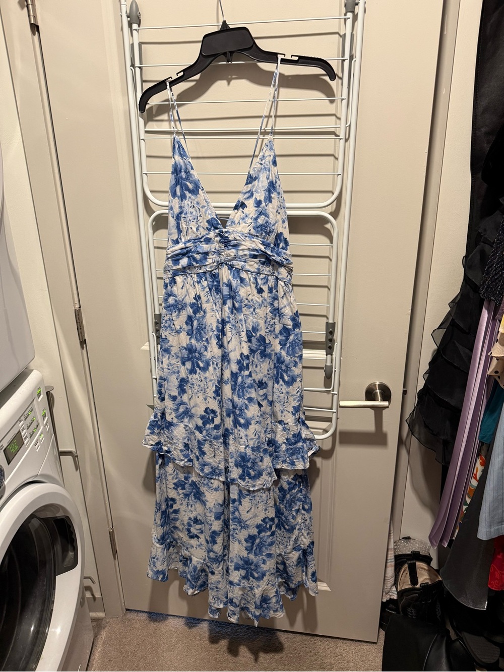 Blue and White Floral V-Neck Maxi Dress